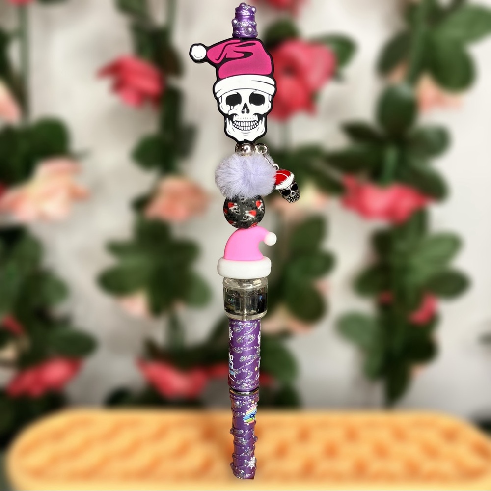 Skull Santa Preppy Gothmas Handmade Beaded Pen with Purple Holiday Designs